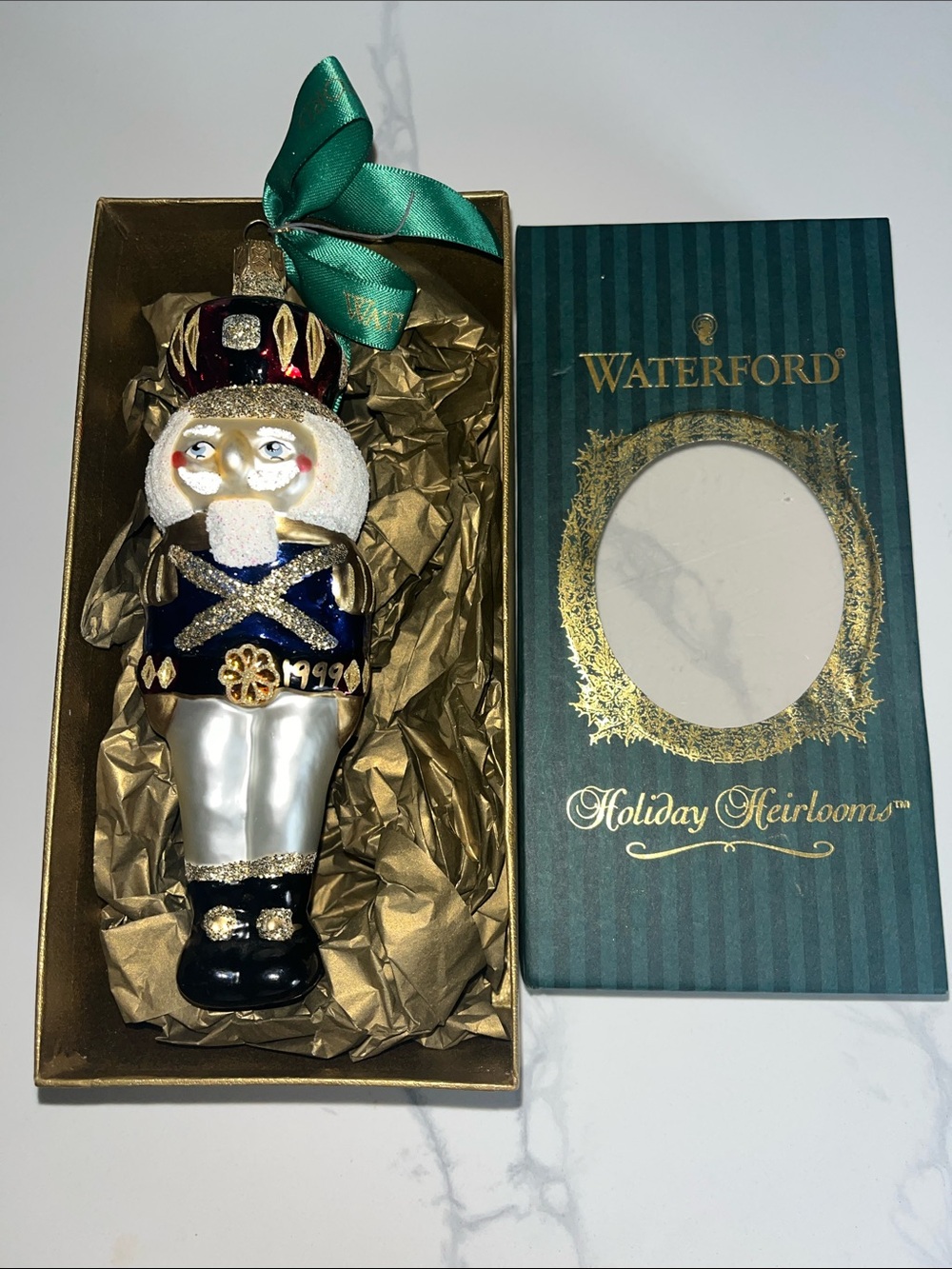 Waterford 1999 Nutcracker Toy soldier Ornament Green Navy Gold Holiday Heirlooms